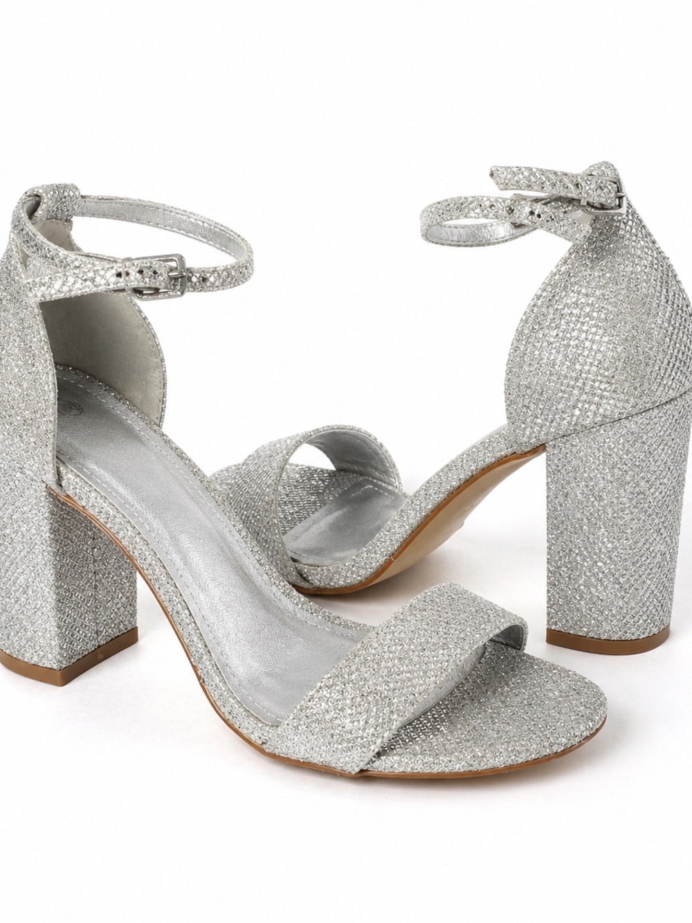 Silver Glitter Block Heel Ankle Strap Sandals